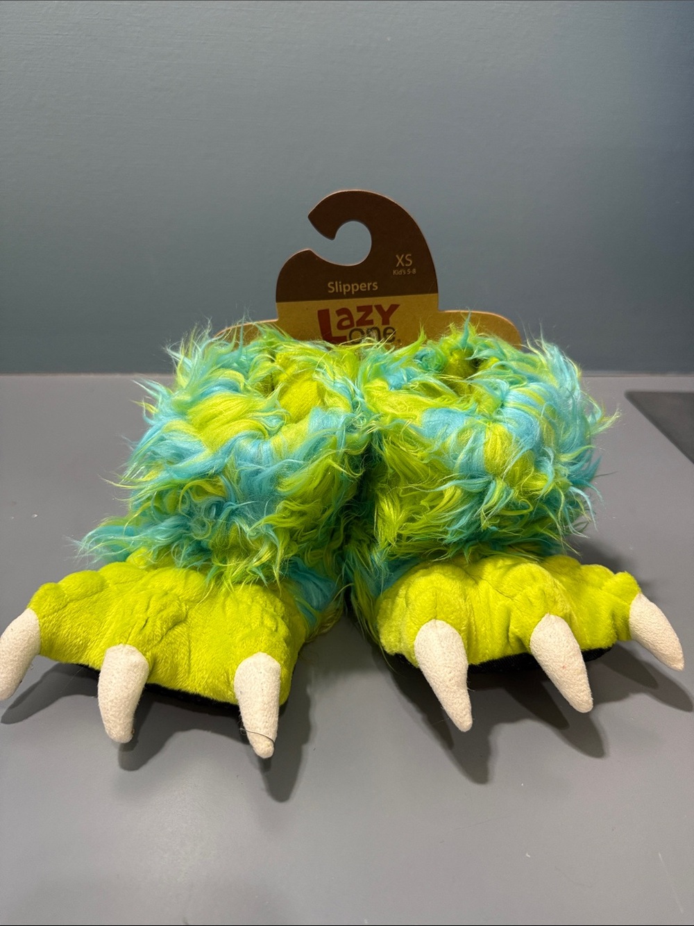 Lazy One Kids Fuzzy Monster Slippers in Neon Green & Aqua Blue